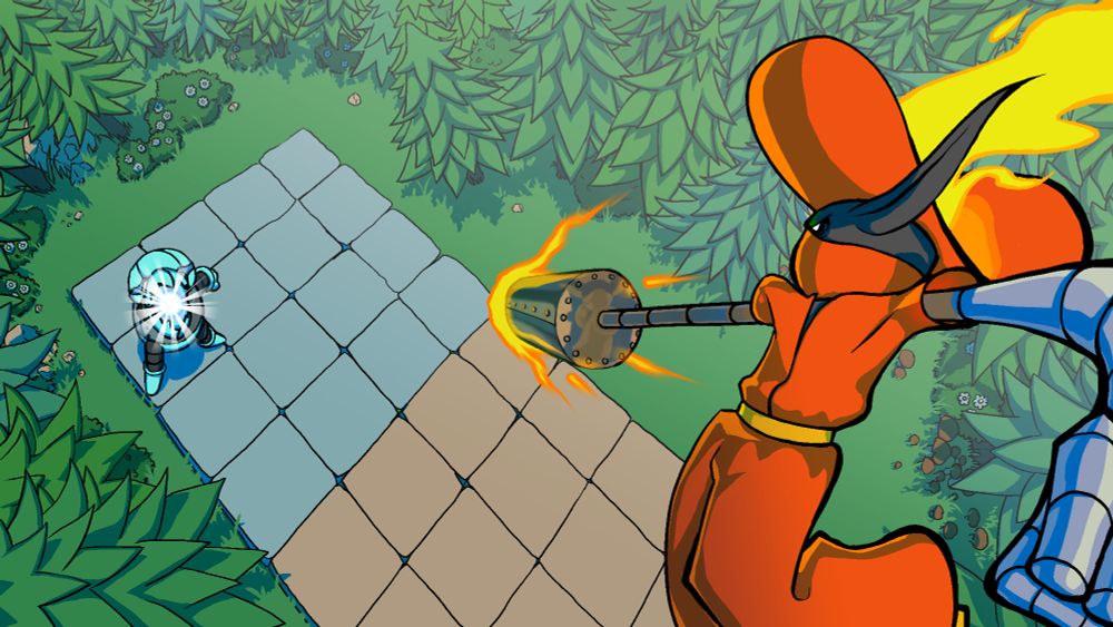 A drawing depicting a battle between two mages on a tile-based arena in the middle of a forest: A goblin fire mage jumping in the air while preparing to attack with her flamethrower, and a water mage on the ground preparing a huge blast with her pincer.