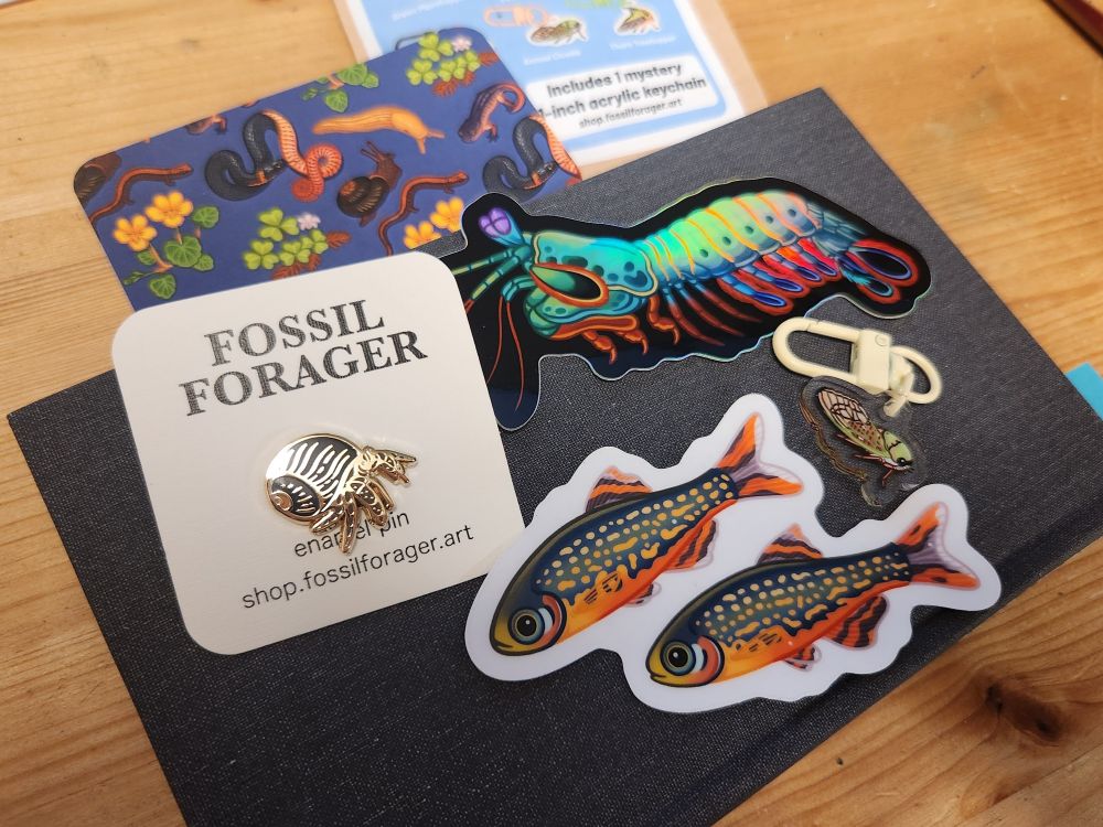Small merch haul. Hermit carb enamel pin, fish sticker and mantis shrimp sticker, small cicada charm keychain. Sitting on an unrelated navy book.