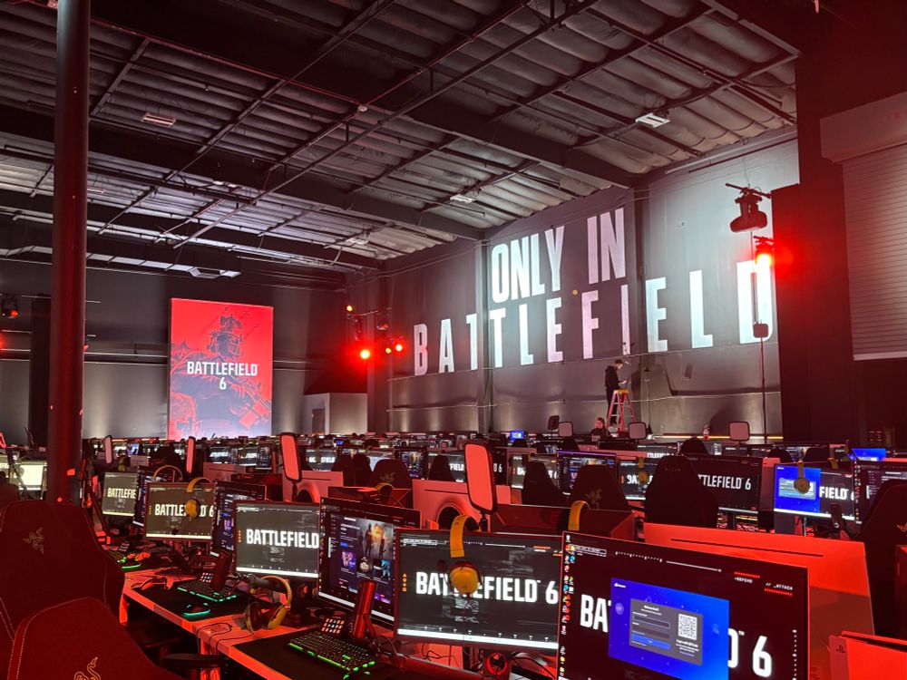 Soundstage full of streaming setups at Battlefield 6 Multiplayer Reveal event. On the wall behind are the words “Only In Battlefield”.