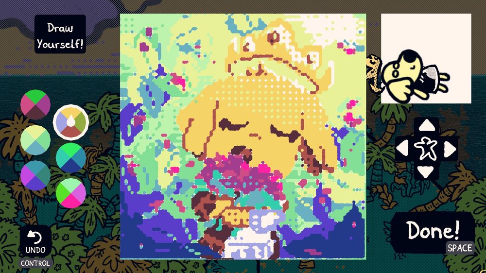 Picture contains a screenshot from a video game called "Chicory: A Colorful Tale" with a self portrait painting made in-game based on the custom character. The Painting depicts of the custom character who is an anthropomorphic yellow dog wearing a crown and a sweater, while burying her face a bit into the red flowers she's holding under the sun and around falling leaves.