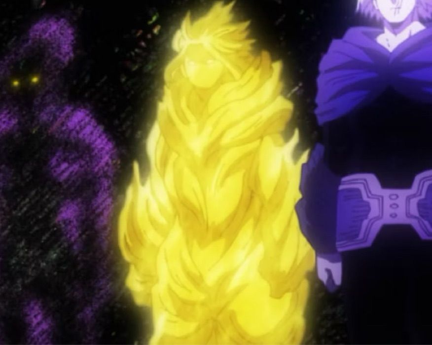 All Might from My Hero Academia in his vestige form inside of One for All. A man who is glowing yellow-gold.