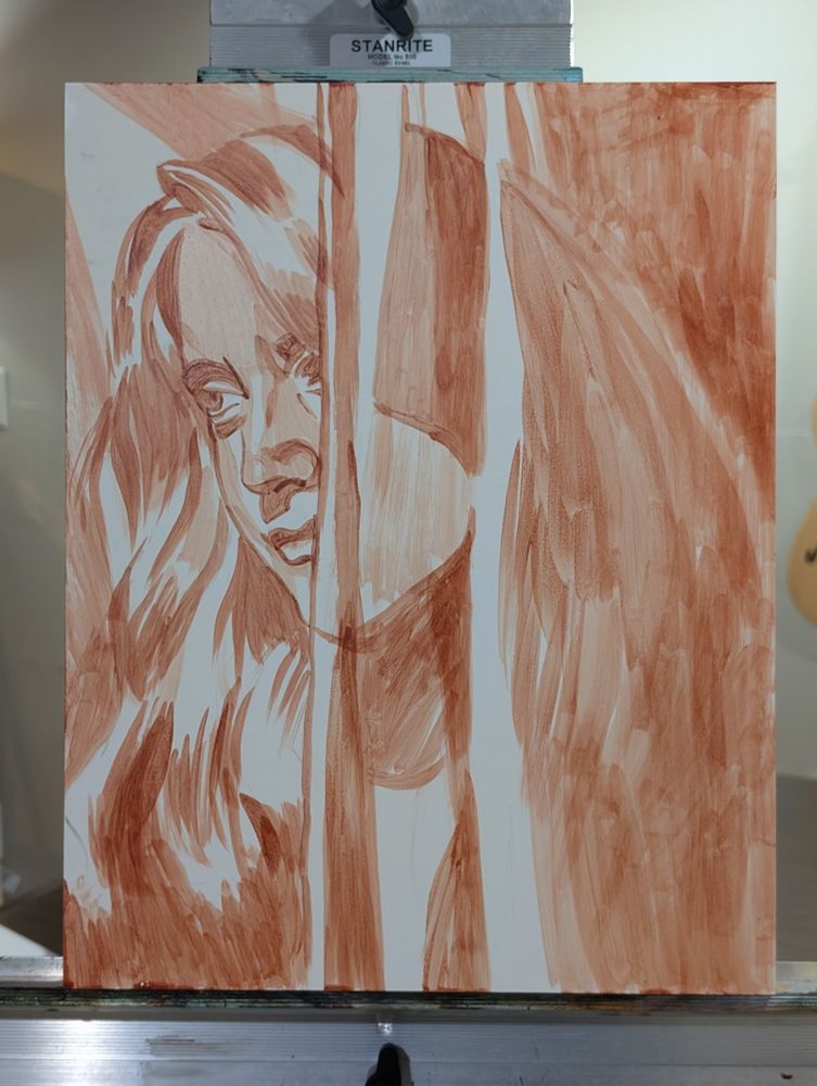 All red value drawing of the woman's face