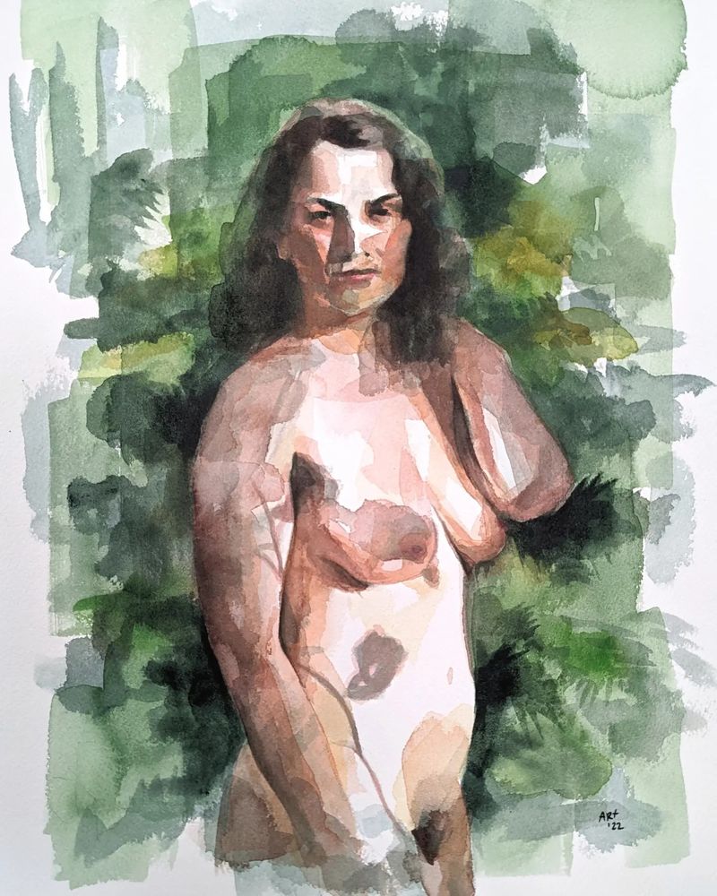 Watercolor painting of a nude woman in front of a loose green and yellow background of leaves. Her body is covered with many patches of shadows and colors from patchy light.