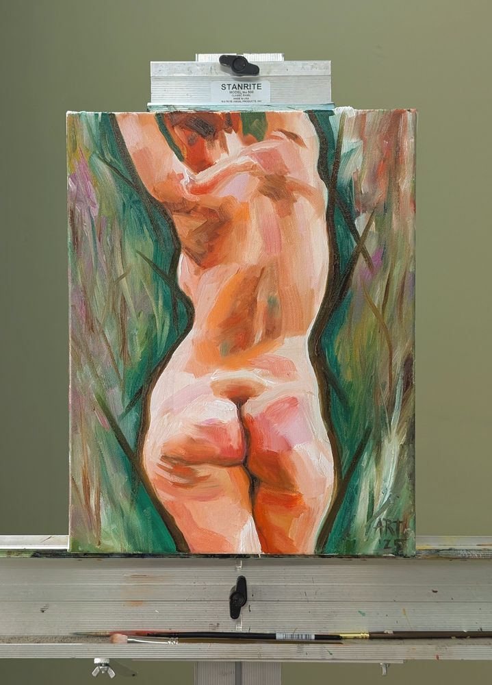 Oil painting of a nude woman, back side, in warm orange and pink, in front of a green and lavender abstract wooded background.