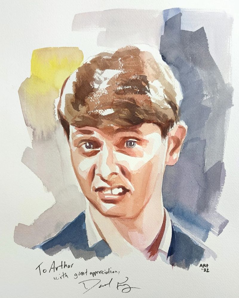 A watercolor painting of a man with a sarcastic expression and a yellow, blue, and gray background.