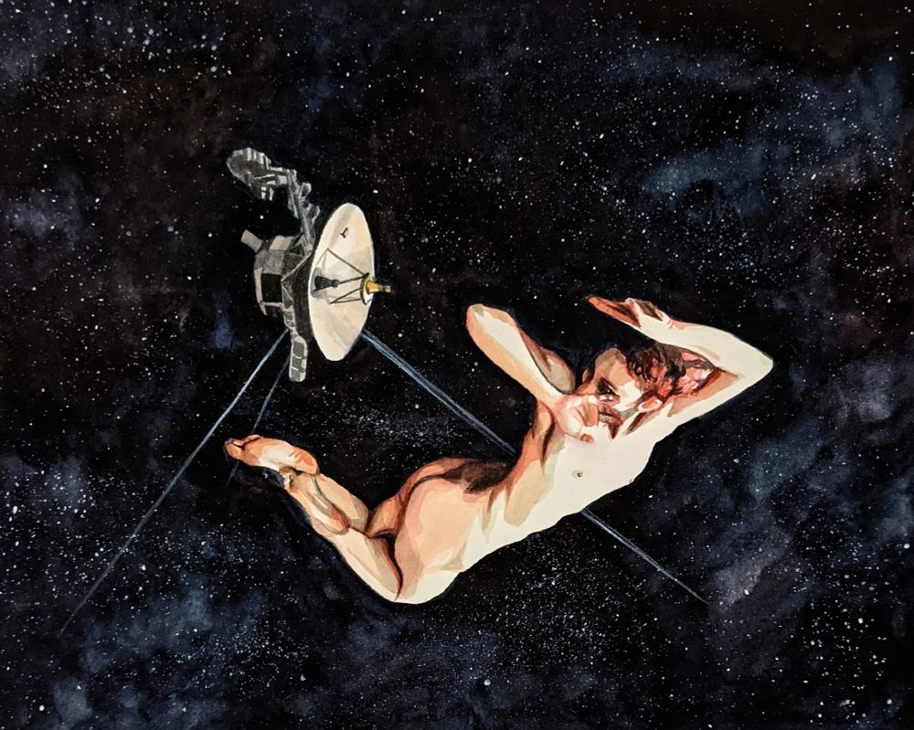 A painting of space (nebula clouds and stars) with the Voyager 2 probe on the left and a nude figure is a twisted pose on the right. The face of the figure is obscured by their hand.