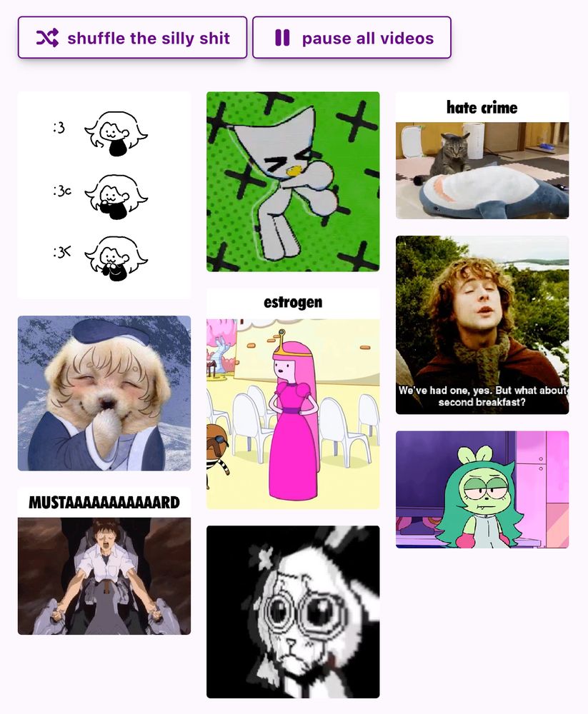 A screenshot of the media wall, above it 2 buttons, "shuffle the silly shit" and "pause all videos". There is lots of different images and videos, memes and fanart and clips from movies and shows.