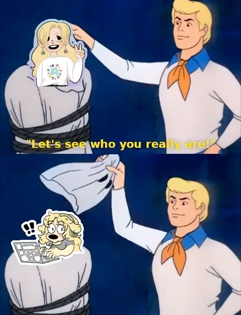 Fred from Scooby Doo says “Let's see who you really are!” the first frame shows Elly's old profile picture depicting her fairly normally, the second frame reveals her new profile picture where she looks a puppy girl.