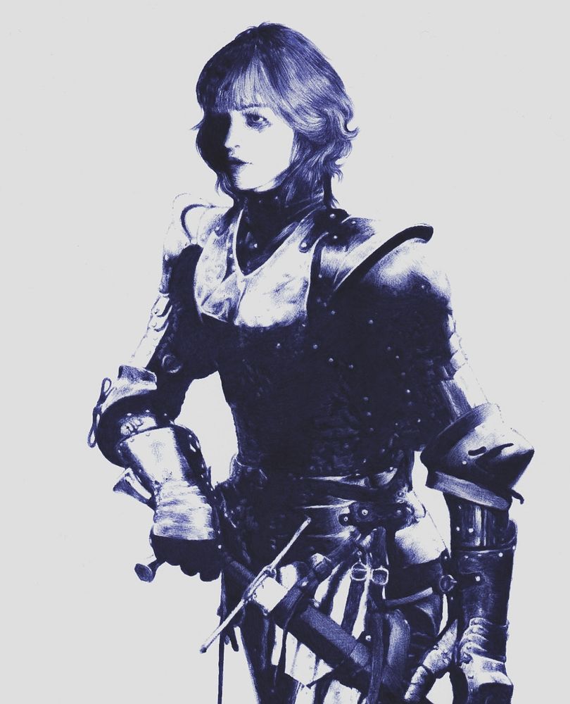 A ballpoint pen drawing of an armored knight without a helmet. He has a longsword on his belt and is holding the sword's handle in his right hand.