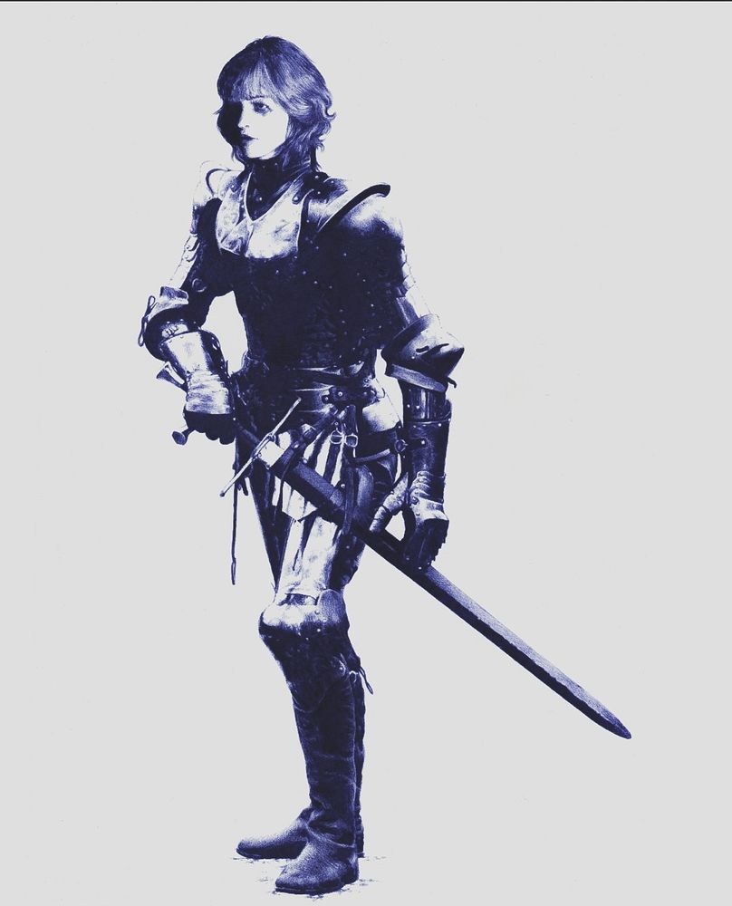 A ballpoint pen drawing of an armored knight without a helmet. He has a longsword on his belt and is holding the sword's handle in his right hand.