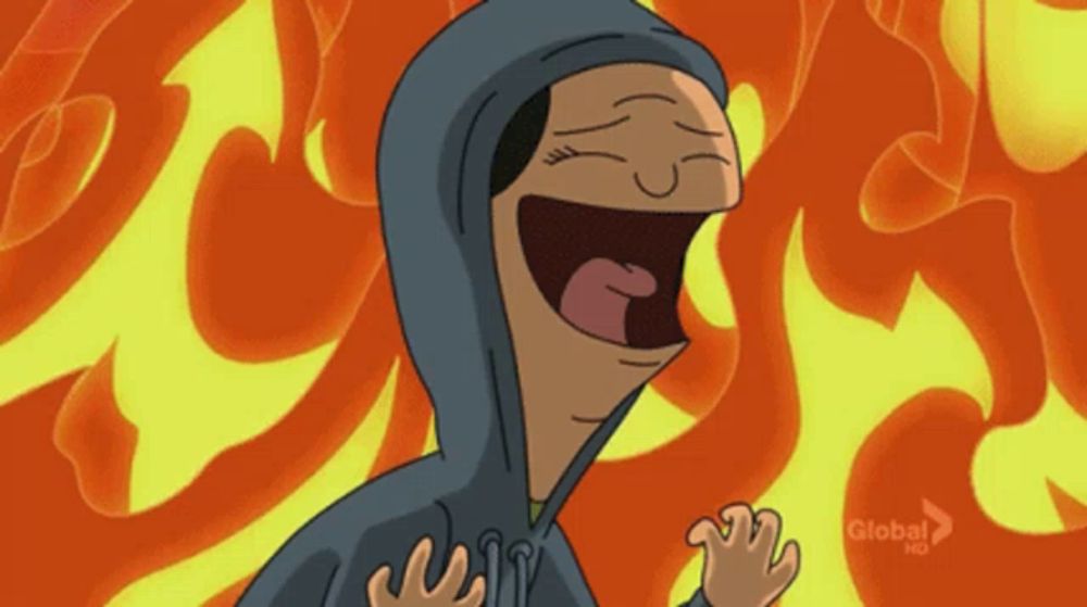 a cartoon character wearing a hoodie is laughing in front of a fire background