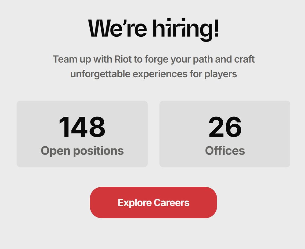 We’re hiring!
Team up with Riot to forge your path and craft unforgettable experiences for players

148
Open positions

26
Offices

Button: Explore Careers