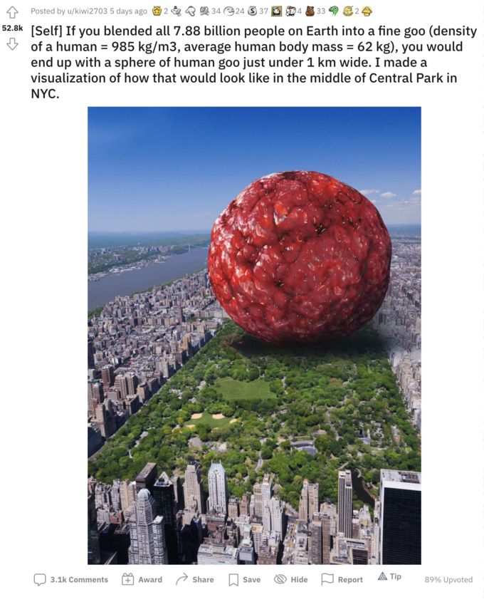 the entire population of the world blended into a fine goo, formed into a meatball towering over central park