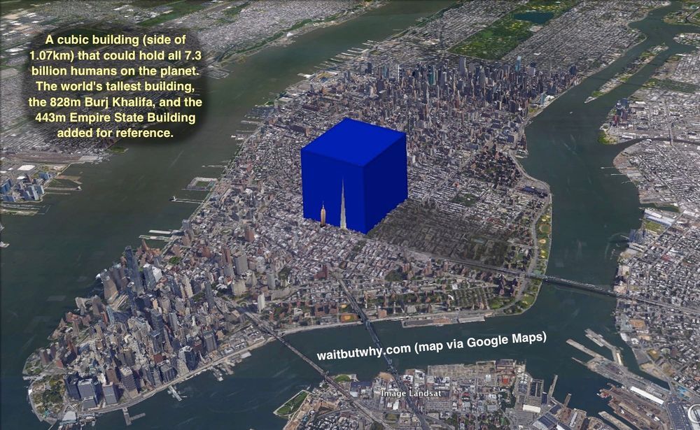 map of manhattan showing a cubic building the entire population of the planet could live in
