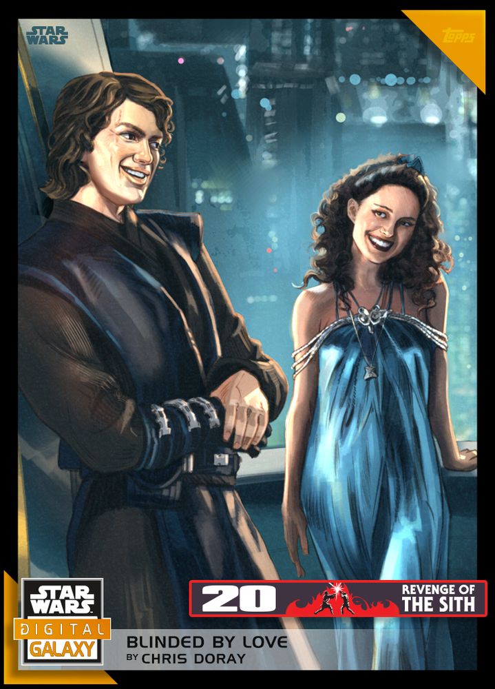 Padme and Anakin on a balcony for the 20th anniversary of Revenge of the Sith for Topps Star Wars Trading Cards