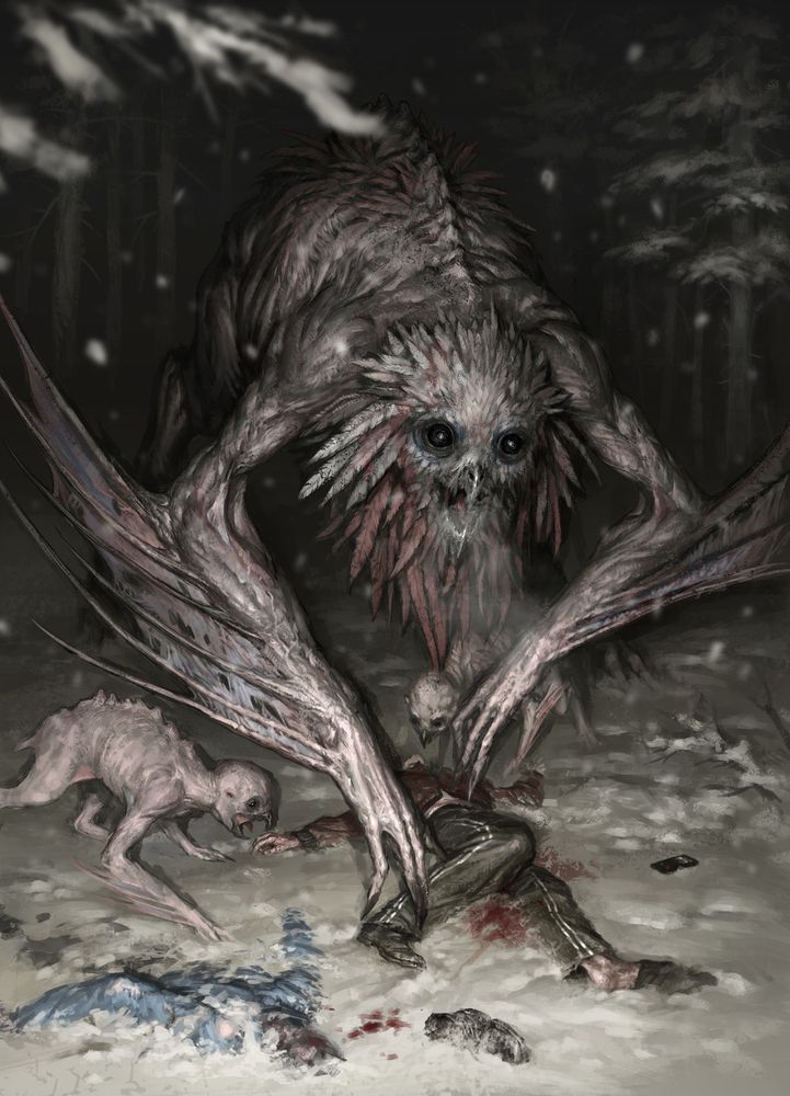 Artist's interpretation of Stikini or Stigini, Oklahoma's owl cryptid.
https://thecreaturecodex.tumblr.com/post/633262365654253569/stigini
