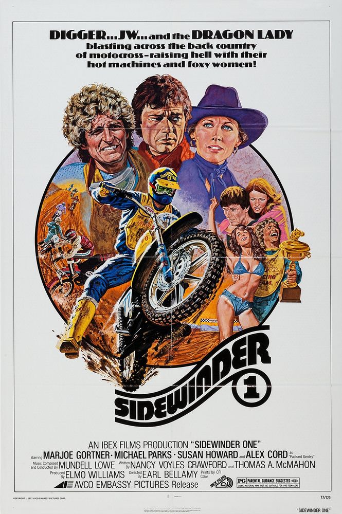Movie poster for Sidewinder 1 (1977)
starring Marjoe Gortner, Michael Parks, Susan Howard, and Alex Cord