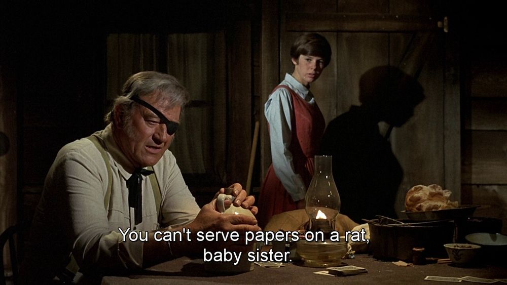 An old, world-weary Rooster Cogburn imparting a bit of personal philosophy on a young, idealistic Mattie Ross.
Subtitles read:
"You can't serve papers on a rat, baby sister."