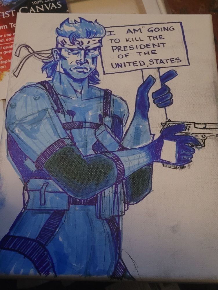 Snake from metal gear solid holding a weapon and a sign saying he will kill big boss 