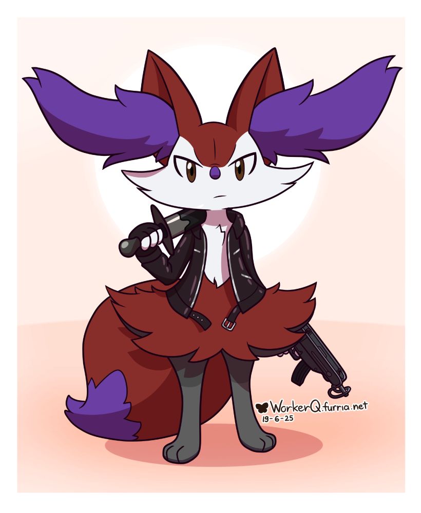 red braixen standing holding a dagger and a gun.
