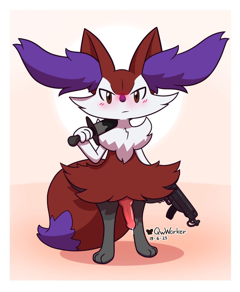red braixen standing with a dagger and gun, cock out and naked.