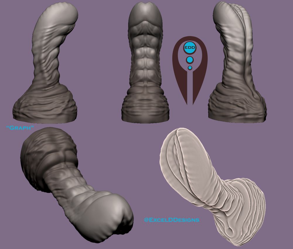 Pictures of a digital model - this is a curved fantasy dildo with a broad head and bumps. The underside is split, as if mutated.