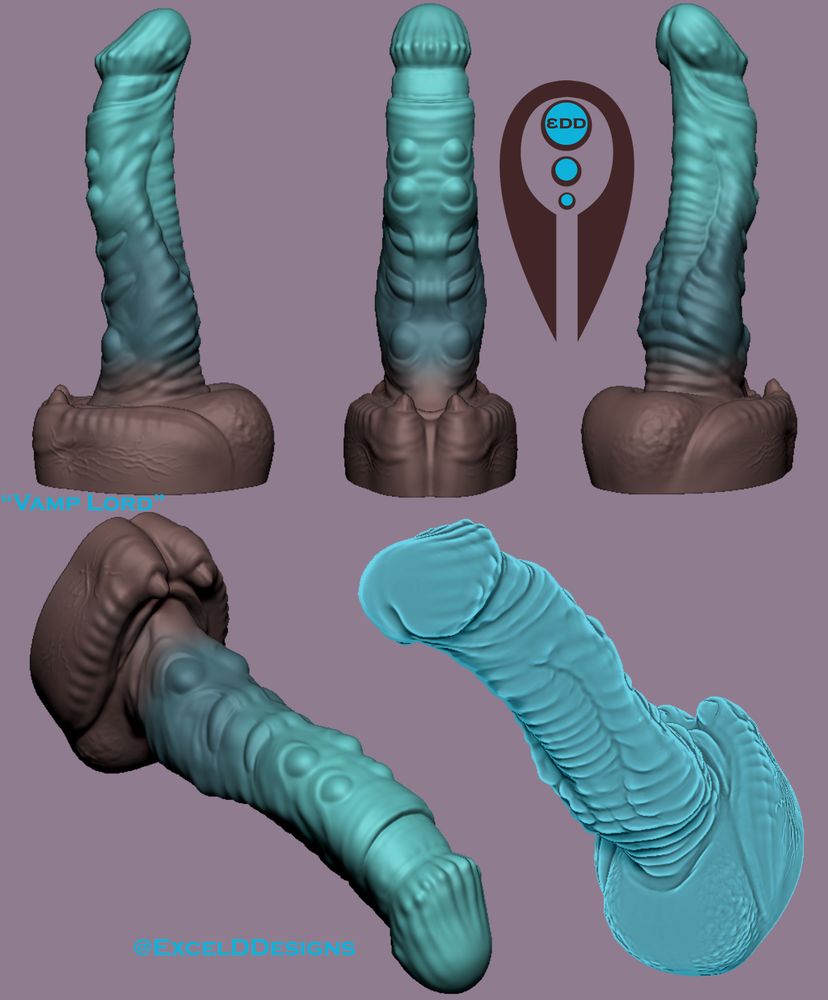 Pictures of a digital render - this is a humanoid dildo inspired by vampires. Vampire lords probably. It has a human glans, bumps down the shaft, and a sort of separation suggesting wings on the underside, with the hint of folded wings on the base.