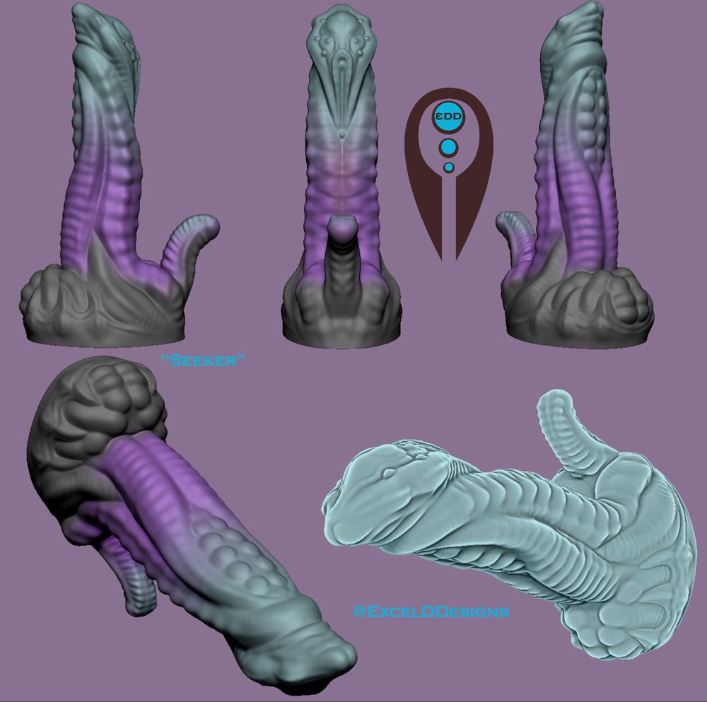 Pictures of a digital model - a somewhat tentacle-like dildo with a second finger-like part on the base for external stimulation.