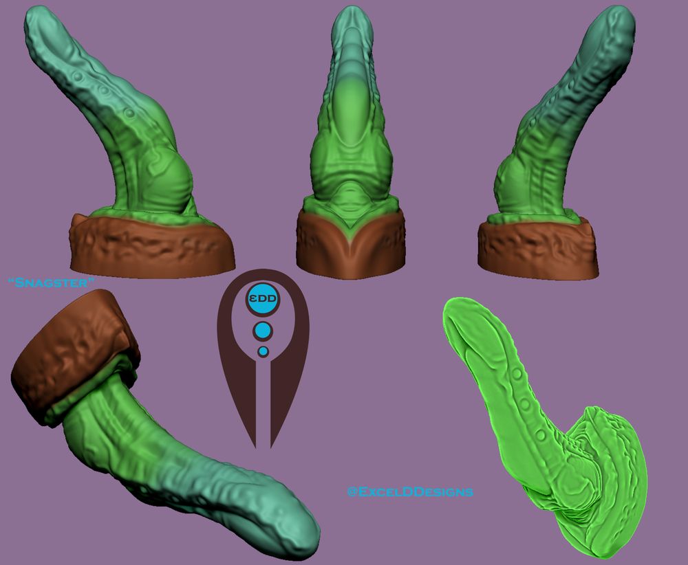 Pictures of a digital model - this is a very mutated bird-like dildo inspired by a cryptid. It has some bumps on the underside and a thick knot-like portion near the base that is meant for stretching.