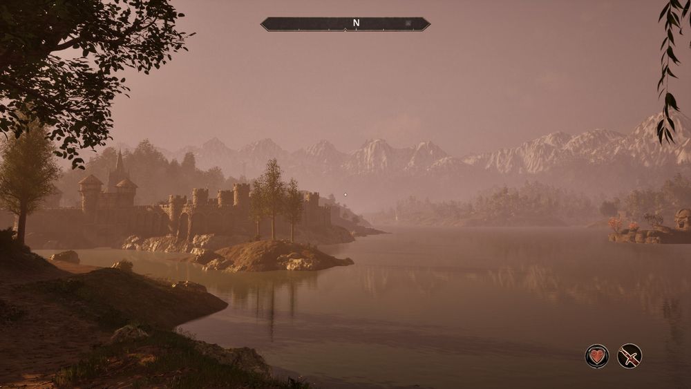 screenshot of Oblivion remastered of a lake, with city in the distance