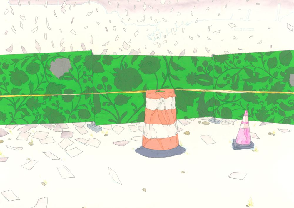 A gouache painting depicting an orange traffic barrel and pink cone in front of a construction fence, which is painted to look like an 18th century floral wall paper pattern, all around papers fall from the sky. 