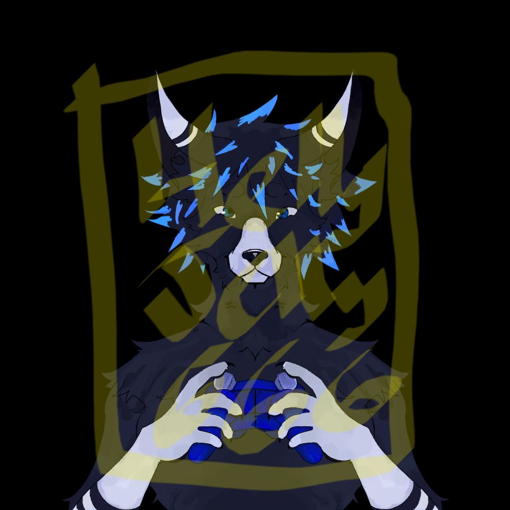 Black fox boy with blue tips in his hair holding a controller with a smile and open eyes.