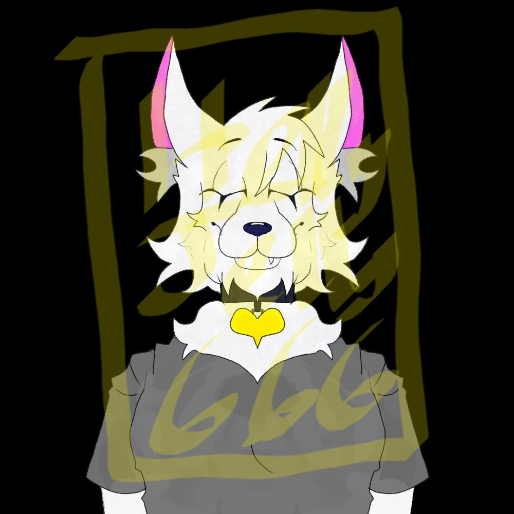 White furry dog girl with a smile and closed eyes.
