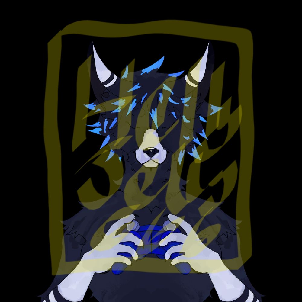 Black fox boy with blue tips in his hair holding a controller with a smile and closed eyes.