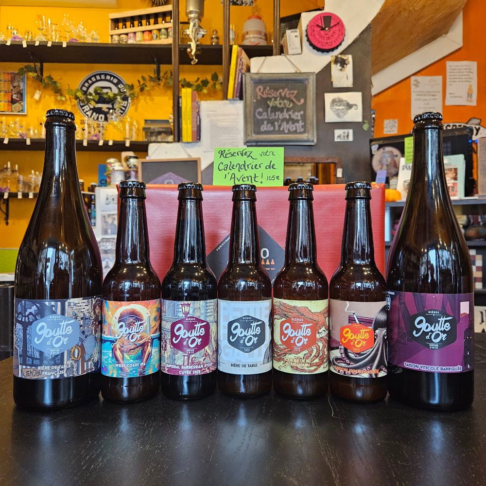 Bouteilles de 75cl : Louise et Sirius. Et de 33cl : Daddy Pool, Assommoir, Petite Pigalle, Yasamin et Poulpe Fiction