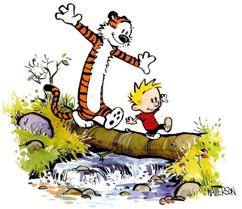 A panel from Calvin and Hobbes depicting Calvin in his red striped t-shirt, black pants, and blond spiky hair trying to keep his balance as he walks over a log to cross a stream. Behind him Is Hobbes the tiger Also with his arms out to balance walking across the log