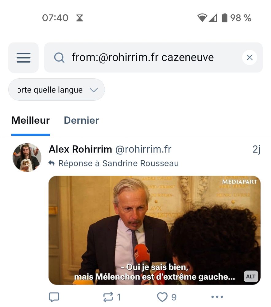 Screenshot d'une recherche dans Bluesky qui retrouve un mème de J.R. Cazeneuve en tapant juste son nom