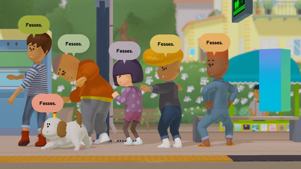 6 personnages de To a T montrent leurs fesses en disant "Fesses."