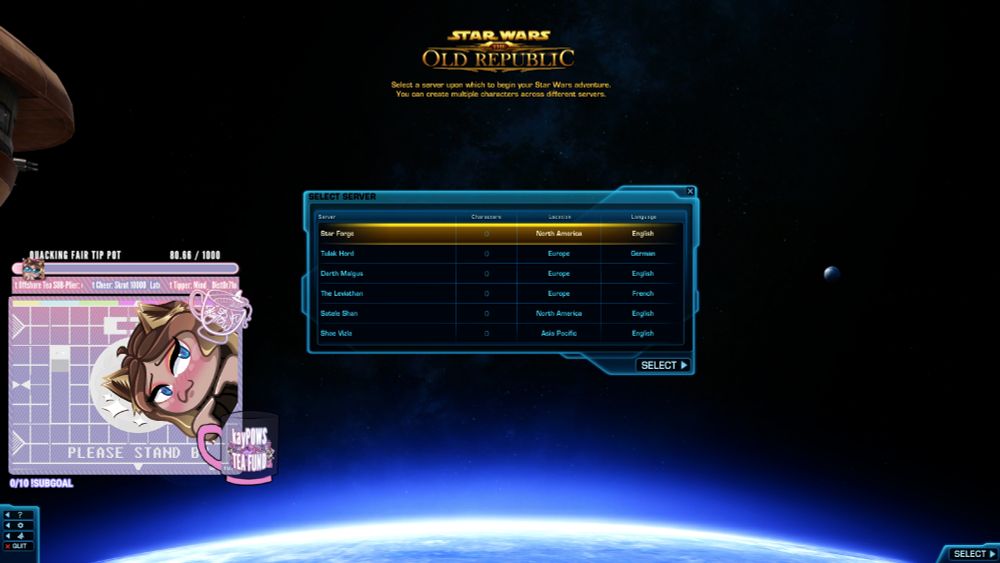 A screenshot of my stream overlay, with my kaypowSHY emote instead of my webcam. In the background is Star Wars The Old Republic on the Server screen. 