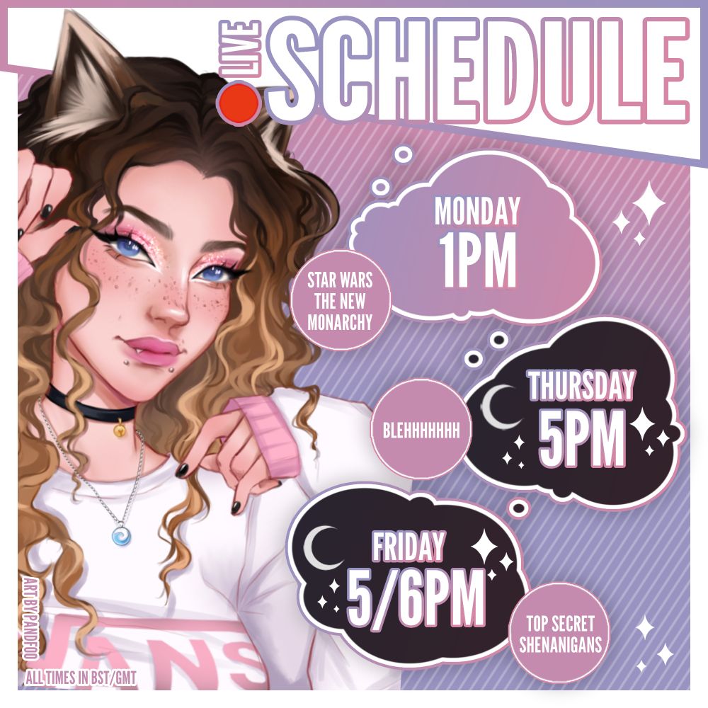 Live Schedule

Monday - 1PM Star Wars The Old Republic 
Thursday - 5PM BLEHhhhh
Friday - 5/6PM Top Secret Shenanigans 

Art by Pandfoo and all times in BST/GMT.
