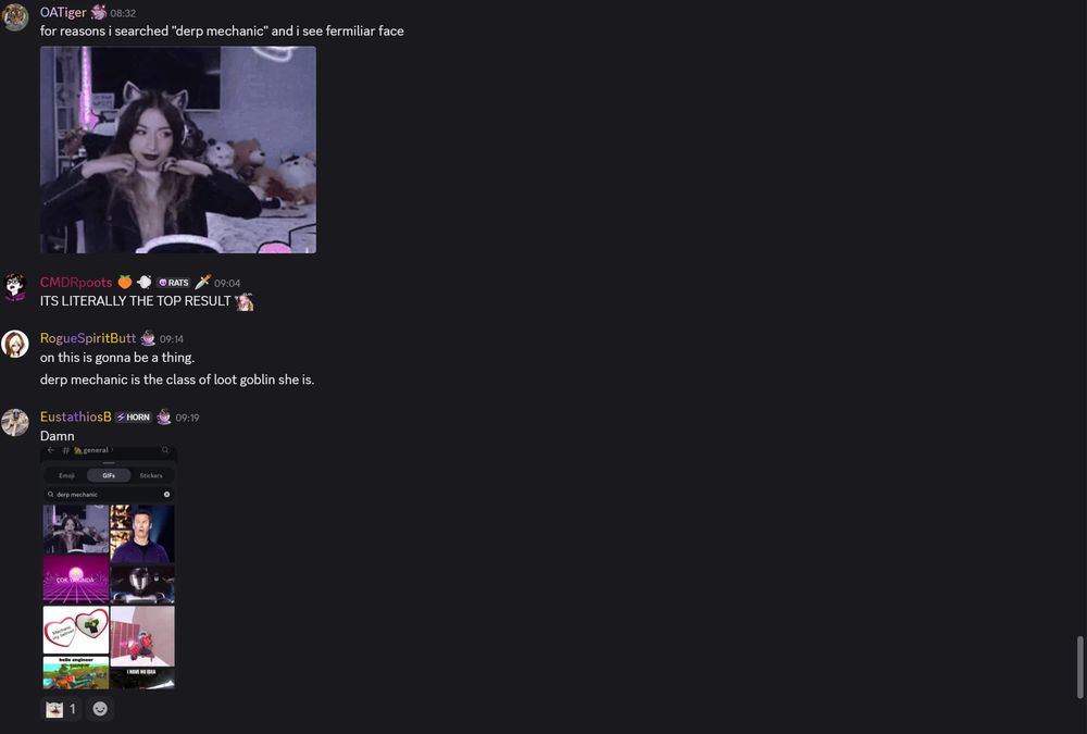 A screenshot of my community Discord, everyone is discussing how I am the top result for the GIF search "Derp Mechanic".