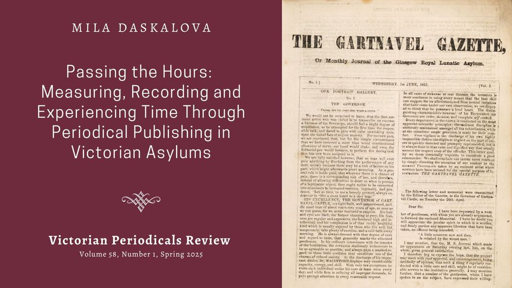 Front page of The Gartnavel Gazette; or Monthly Journal of the Glasgow Royal Lunatic Asylum, Wednesday, July 6, 1853, image courtesy of Wellcome Collection, https://wellcomecollection.org/works/jvk8aued/items?canvas=7. Accompanied by text that says: Mila Daskalova, Passing the Hours: Measuring, Recording and Experiencing Time Through Periodical Publishing in Victorian Asylums, Victorian Periodicals Review, volume 58, number 1, Spring 2025.