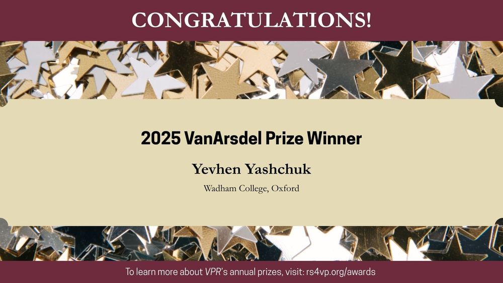 Background of gold stars with banner that says: Congratulations! 2025 VanArsdel Prize winner Yevhen Yashchuk, Wadham College, Oxford. 