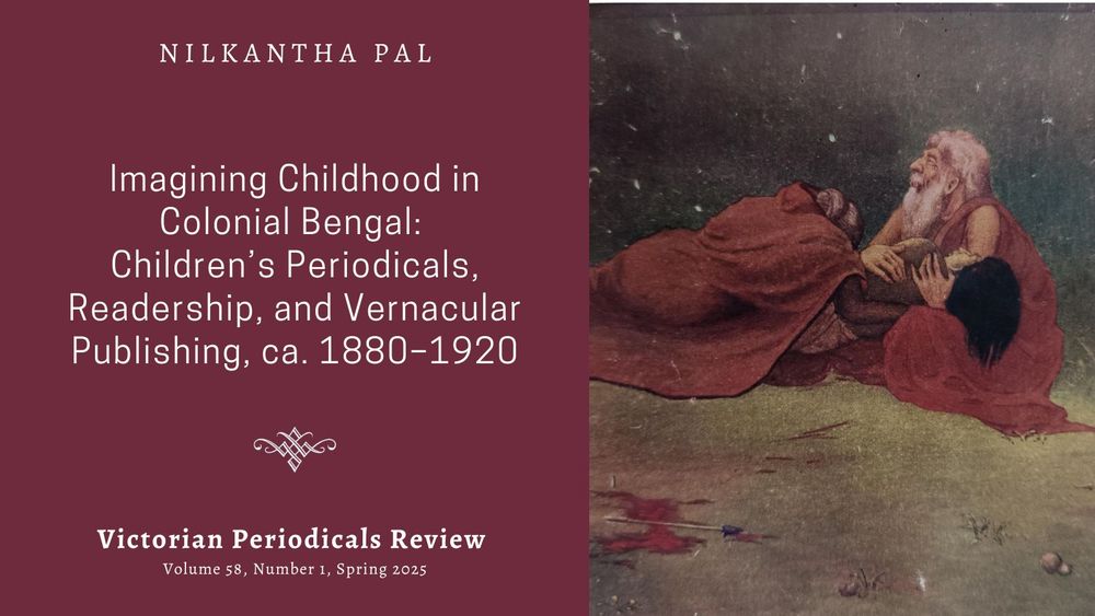 Illustration titled “Andhamunir Putraśok” from Sandeś 2, no. 1 (Baiśāk 1321/April–May 1914), courtesy of Jadavpur University Central Library, Kolkata. Image accompanied by text that says: Nilkantha Pal, Imagining Childhood in Colonial Bengal: Children’s Periodicals, Readership, and 
Vernacular Publishing, ca. 1880–1920, Victorian Periodicals Review, volume 58, number 1, Spring 2025.