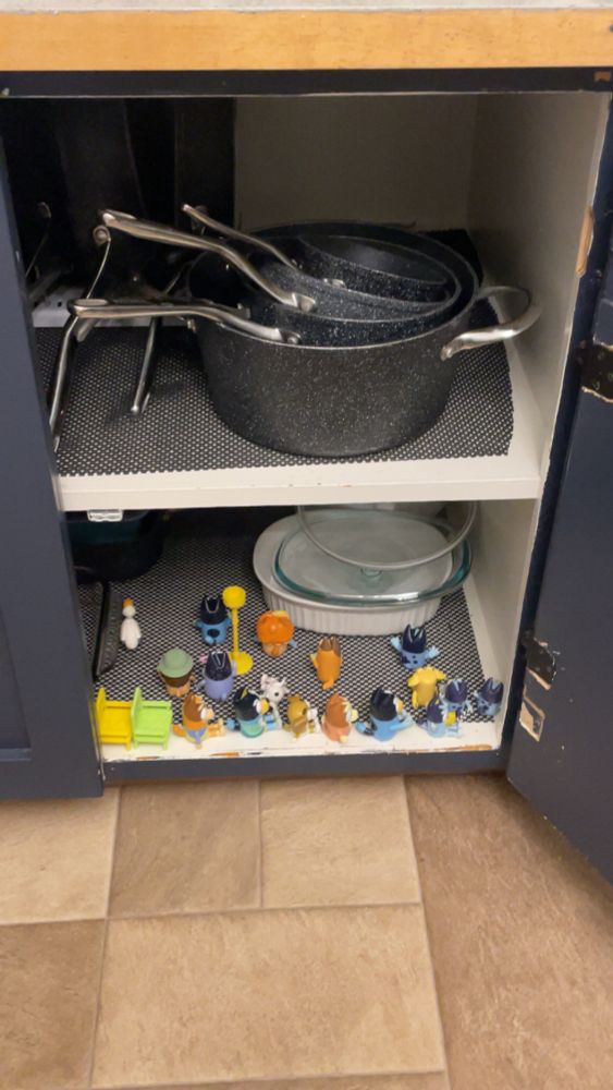 Kitchen cupboard oven, pots on the top shelf and on the bottom shelf are a bunch of “Bluey” characters are lined up facing towards the back 
