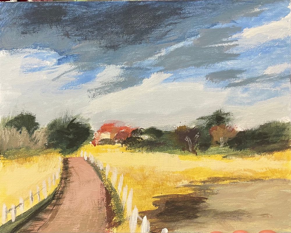 A rough acrylic painting of a stormy day and golden grass with a path leading to trees and a building.