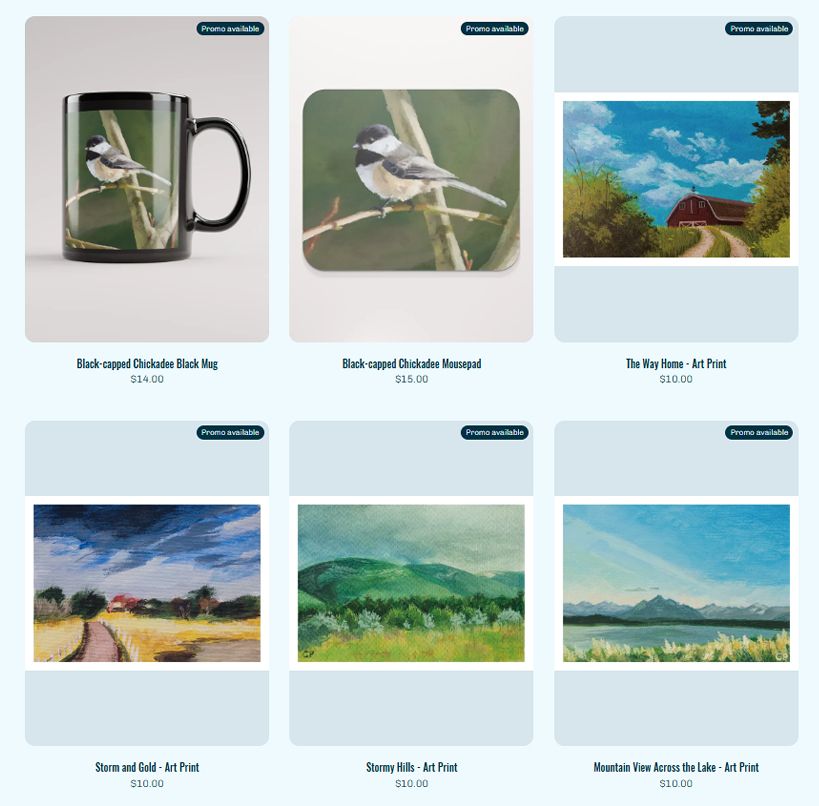 Shop page with several products