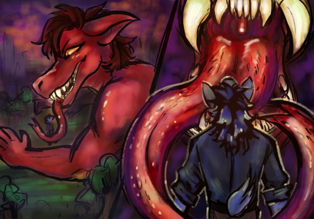 giant red beast sticking his really long tongue out, about to grab and munch on a normal sized but wayy dmaller blue wolf