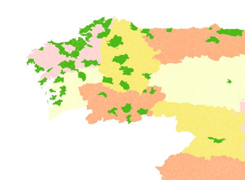 Imagen de los municipios de España, que sale en verde toda la costa ártabra y la zona cercana a Coruña, además de varios municipios por el resto de las provincias gallegas