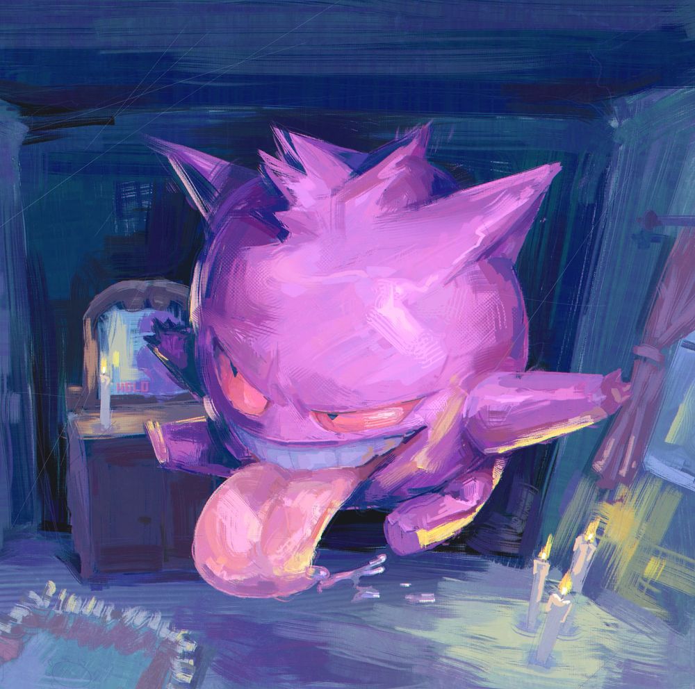 Art of Gengar from pokemon floating in a dark blue room with some candles in the corner. In a painterly style